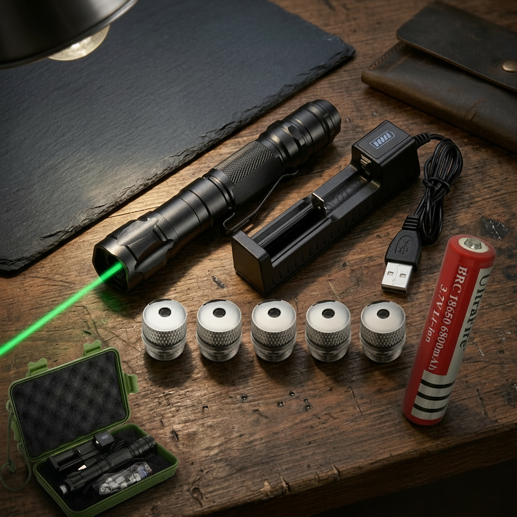 Green Laser Pointer — Rechargeable Battery, 2000m Range, 532nm Beam, Black Anodized Chassis