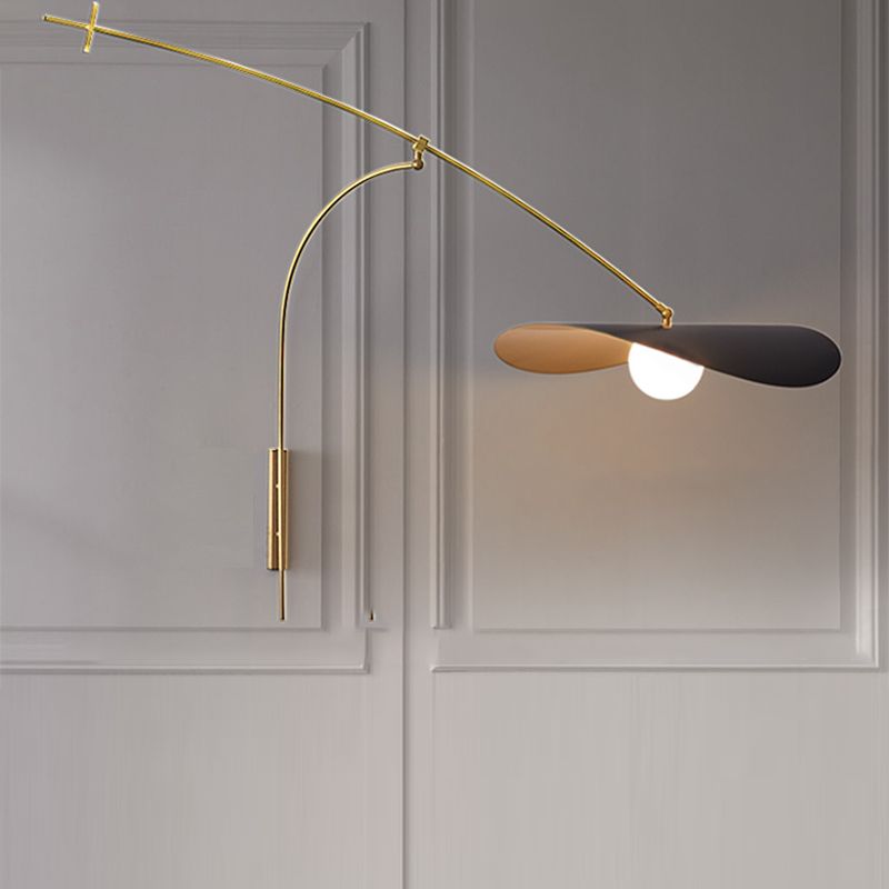 Metal Wall Lamp With Curved Arm And Glass Shade Sculptural Nordic Design