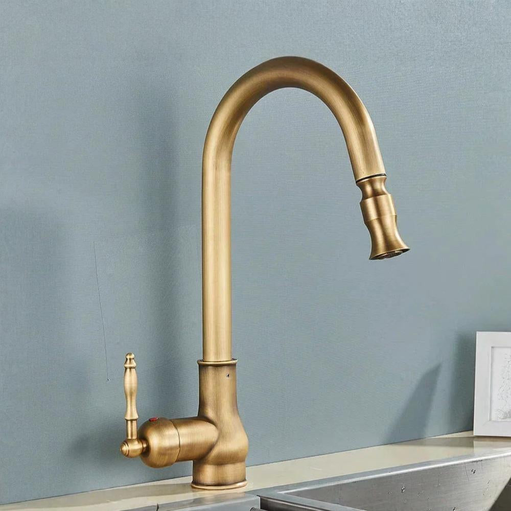 Vintage Brass Kitchen Faucet — Single Lever Swivel Spout, Solid Metal Body