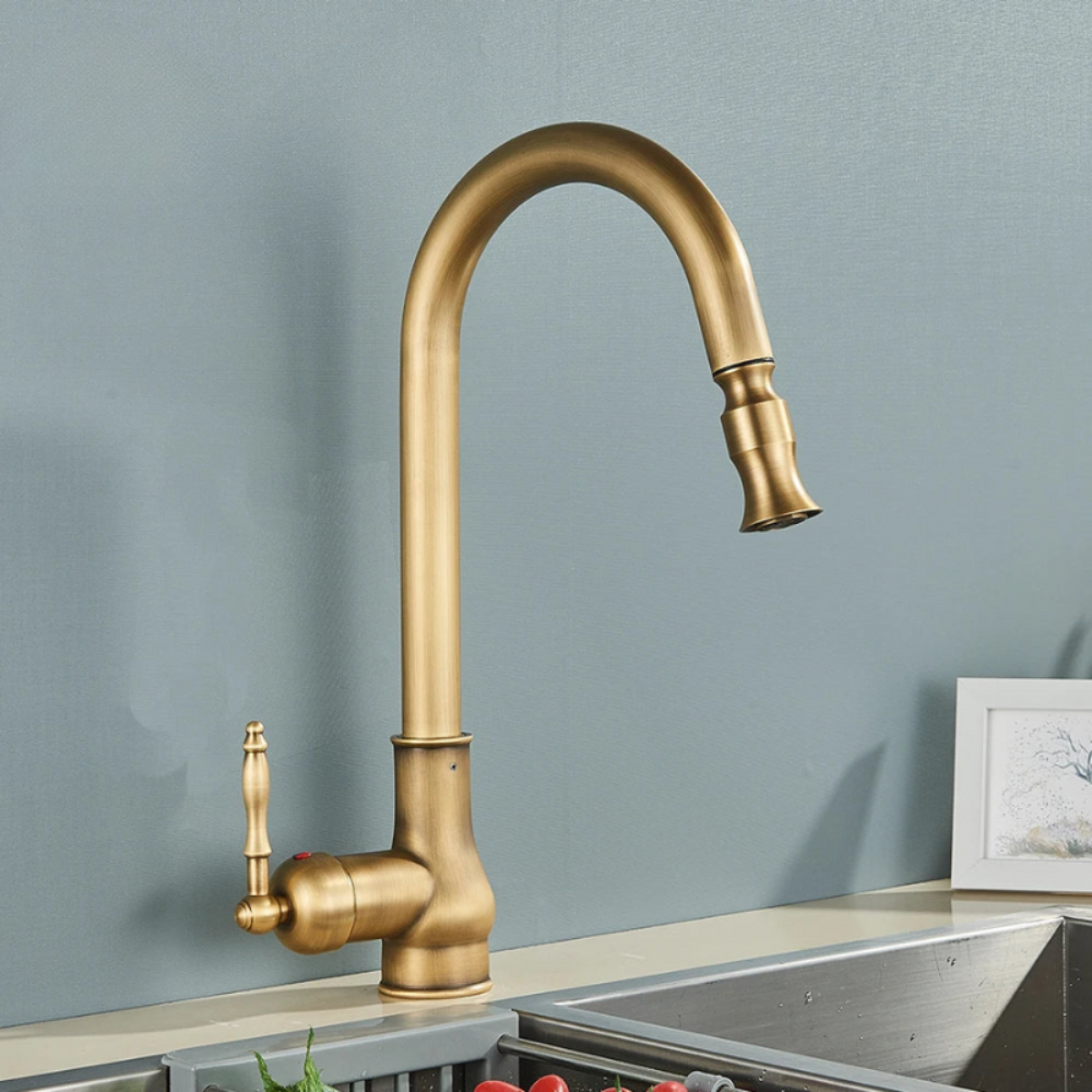 Vintage Brass Kitchen Faucet — Single Lever Swivel Spout, Solid Metal Body