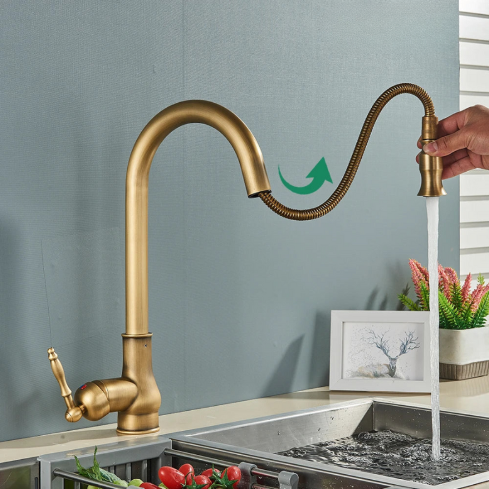 Vintage Brass Kitchen Faucet — Single Lever Swivel Spout, Solid Metal Body