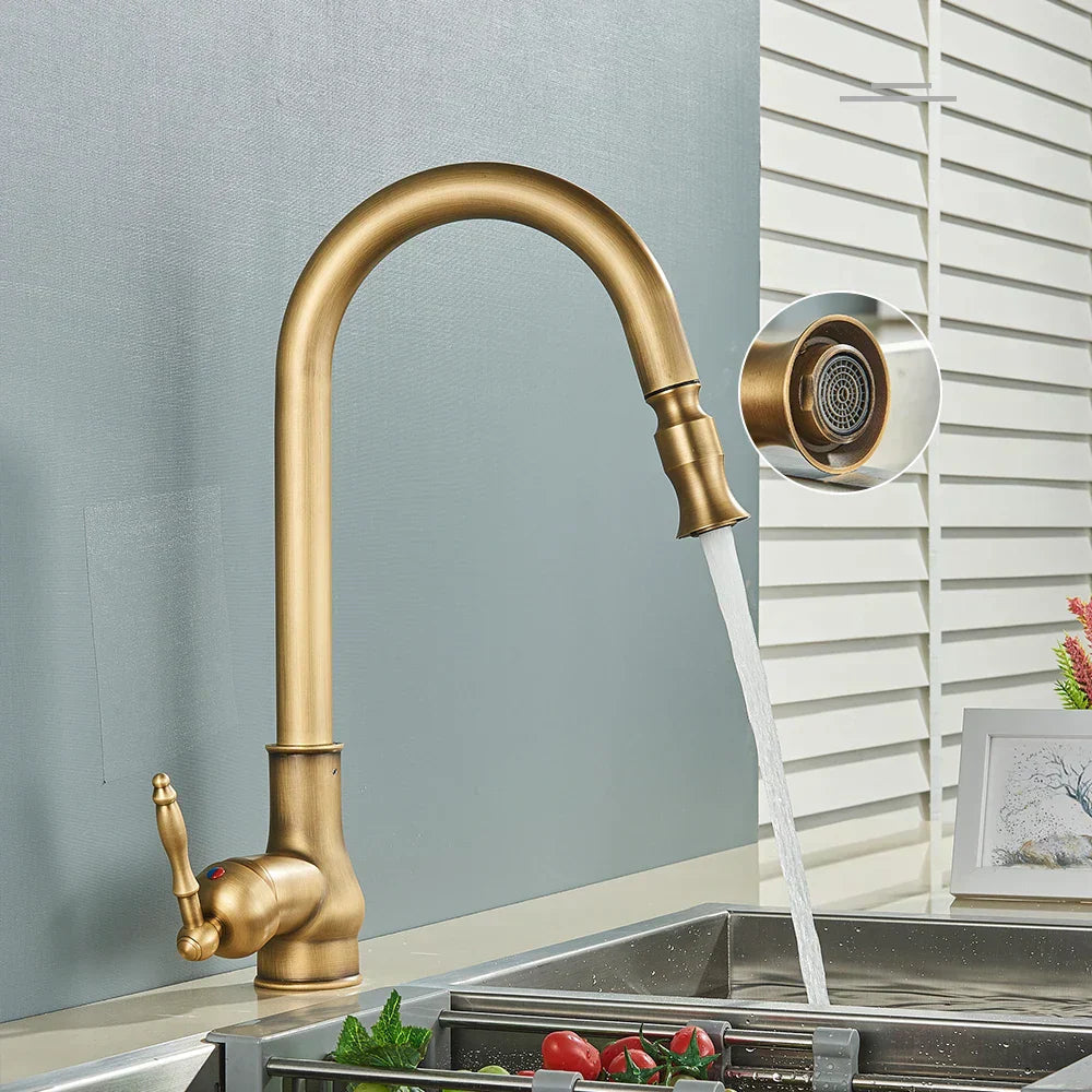 Vintage Brass Kitchen Faucet — Single Lever Swivel Spout, Solid Metal Body