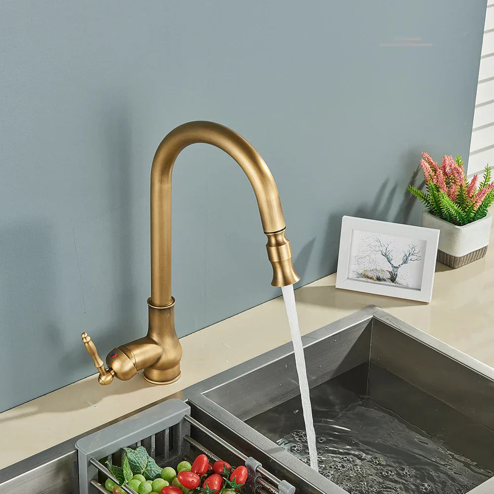 Vintage Brass Kitchen Faucet — Single Lever Swivel Spout, Solid Metal Body