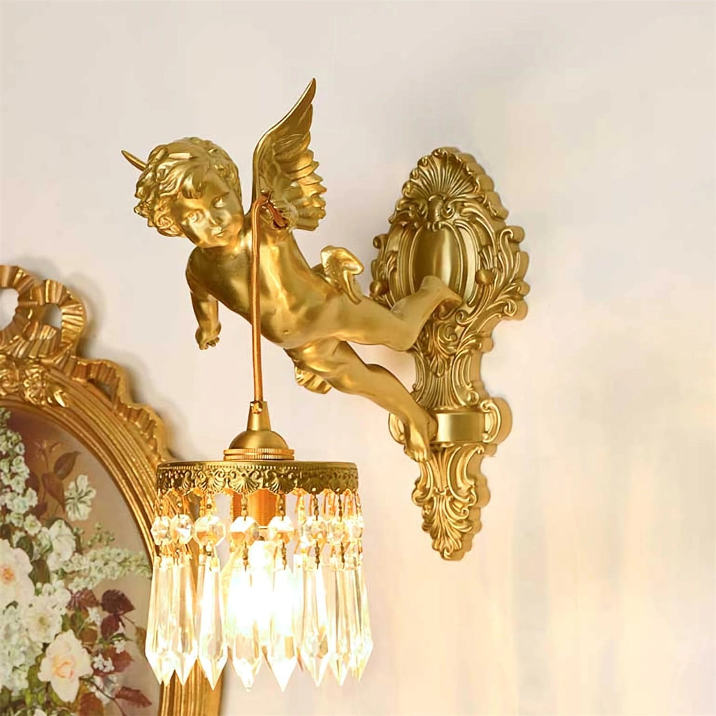Antique Baroque Angel Wall Lamp With Polished Copper Finish