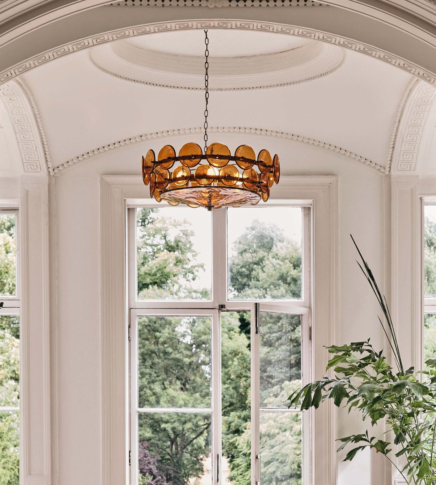 Gold Adjustable Height Chandelier With Textured Glass Orbs