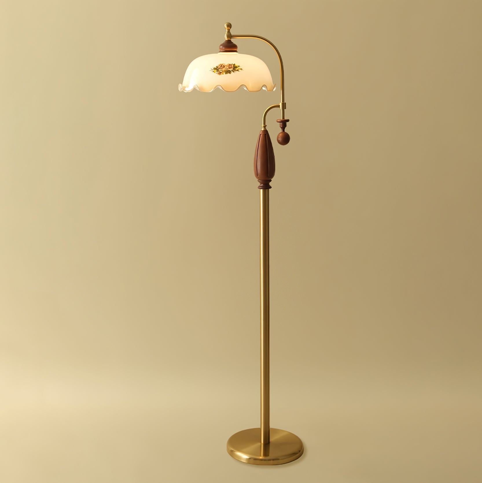 Retro Floor Lamp With Ironwork Detailing And Frosted Glass Shade