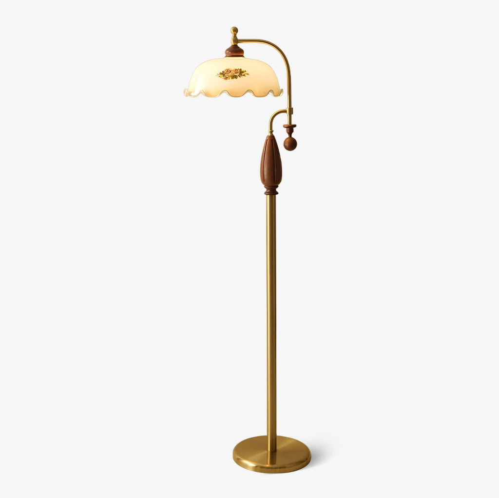 Retro Floor Lamp With Ironwork Detailing And Frosted Glass Shade