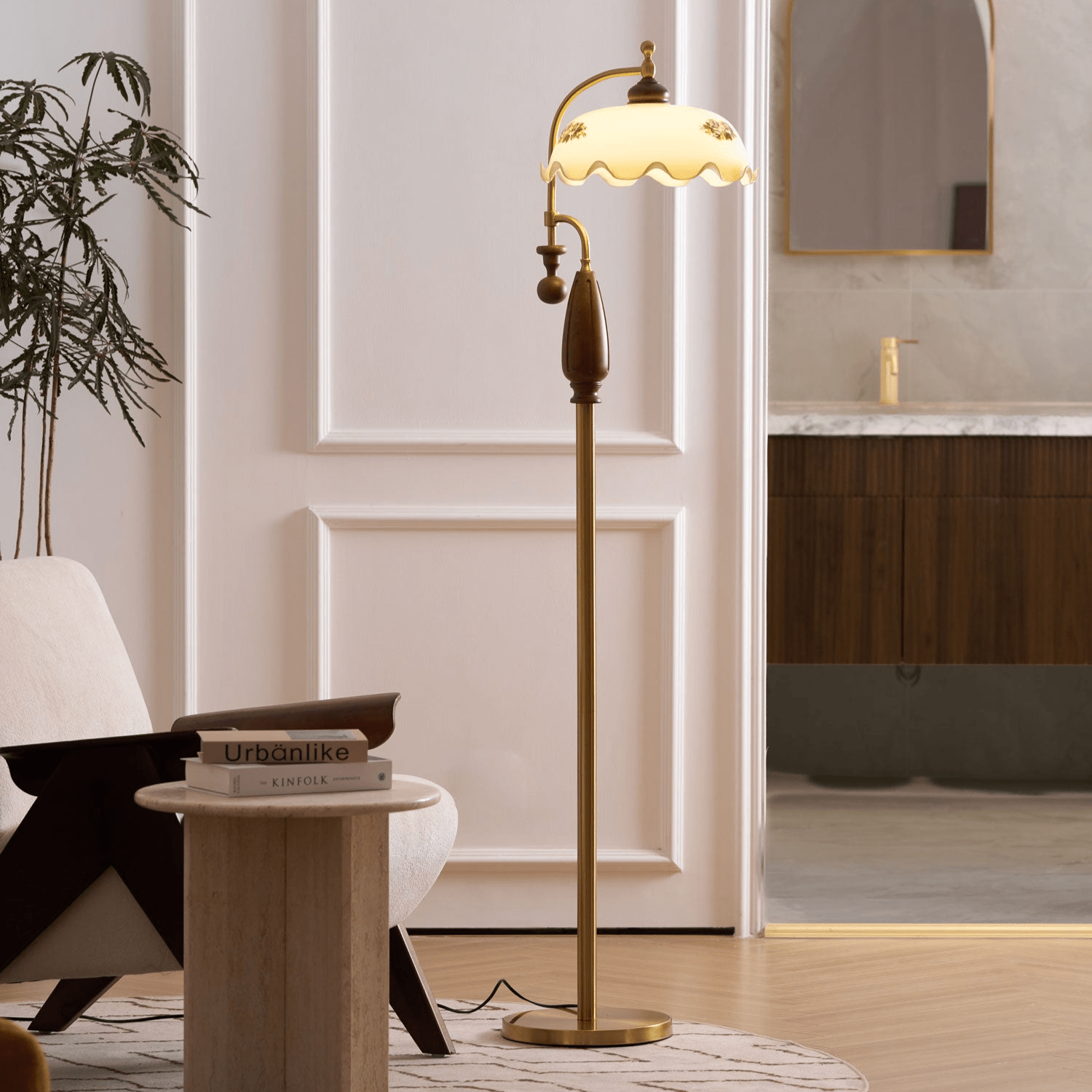 Retro Floor Lamp With Ironwork Detailing And Frosted Glass Shade