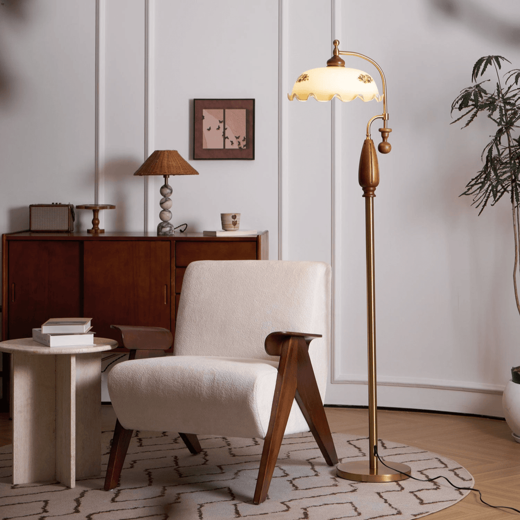 Retro Floor Lamp With Ironwork Detailing And Frosted Glass Shade