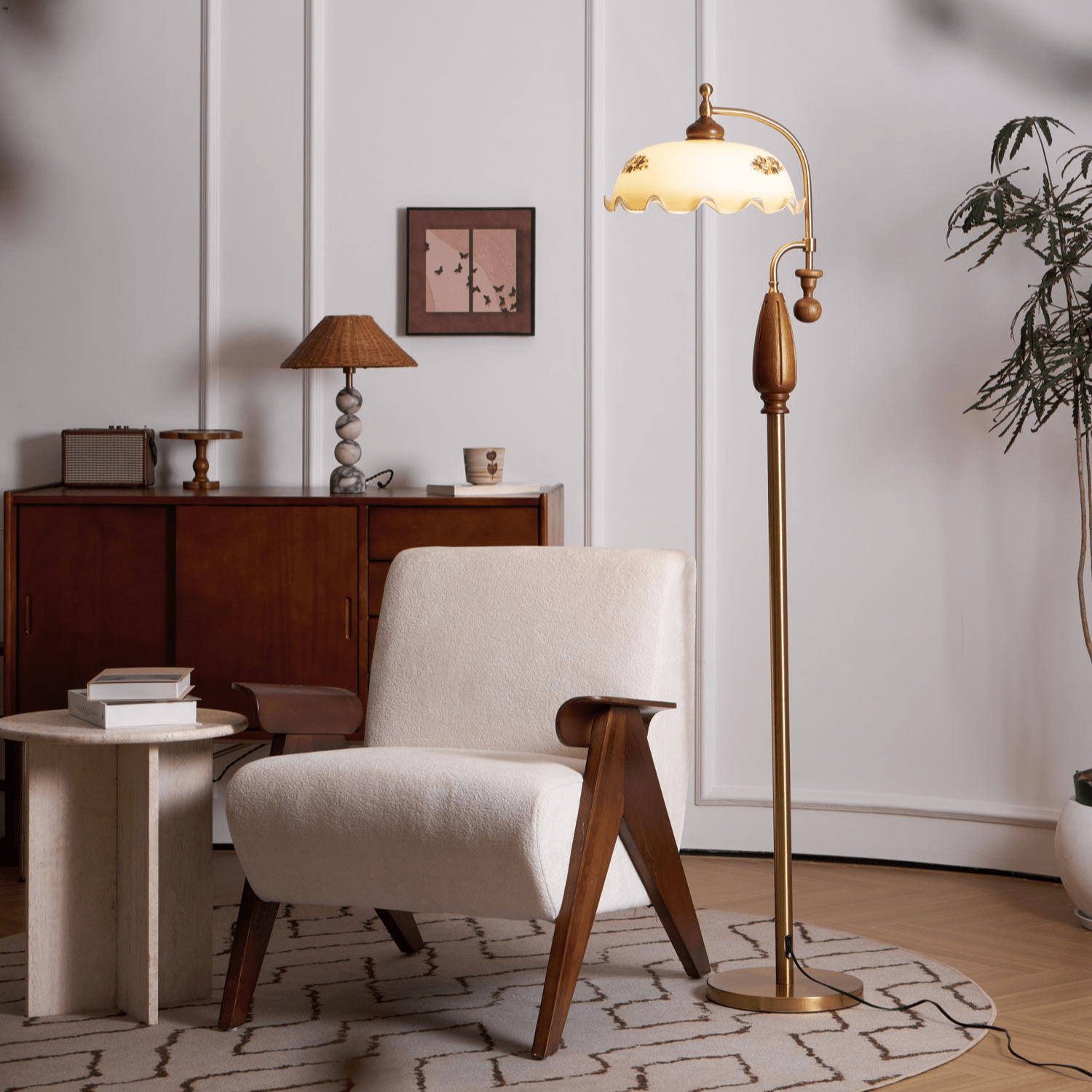 Retro Floor Lamp With Ironwork Detailing And Frosted Glass Shade
