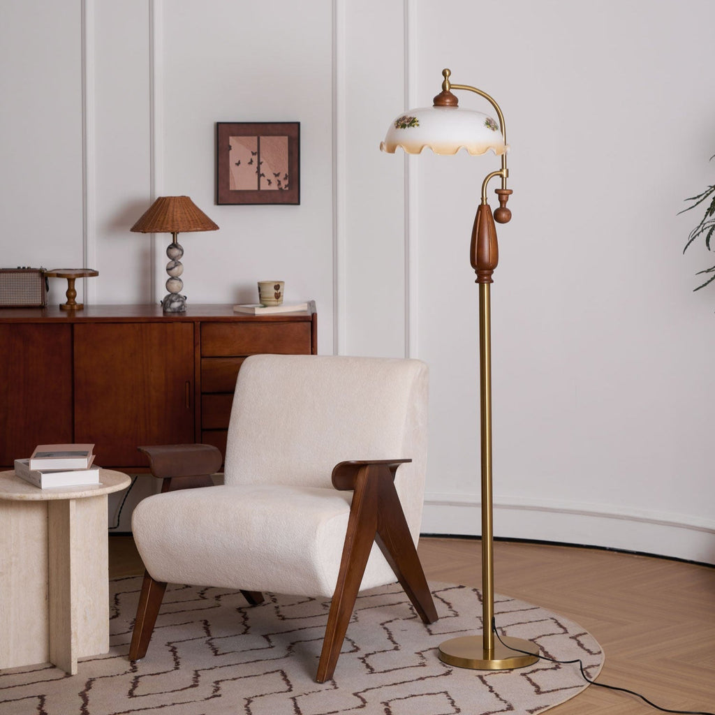 Retro Floor Lamp With Ironwork Detailing And Frosted Glass Shade