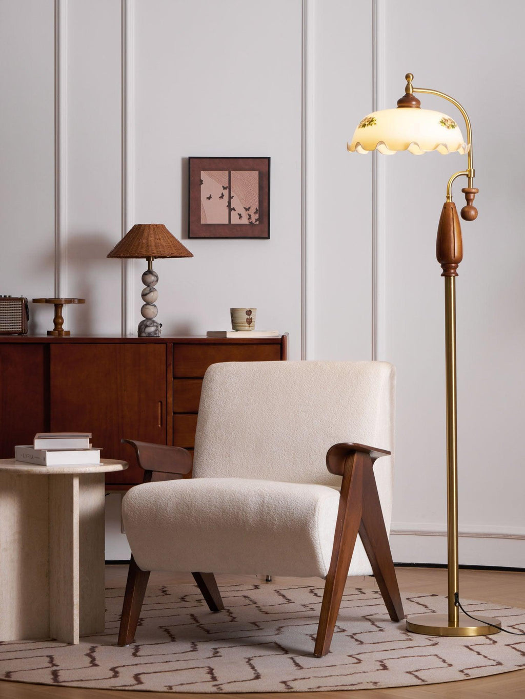 Retro Floor Lamp With Ironwork Detailing And Frosted Glass Shade
