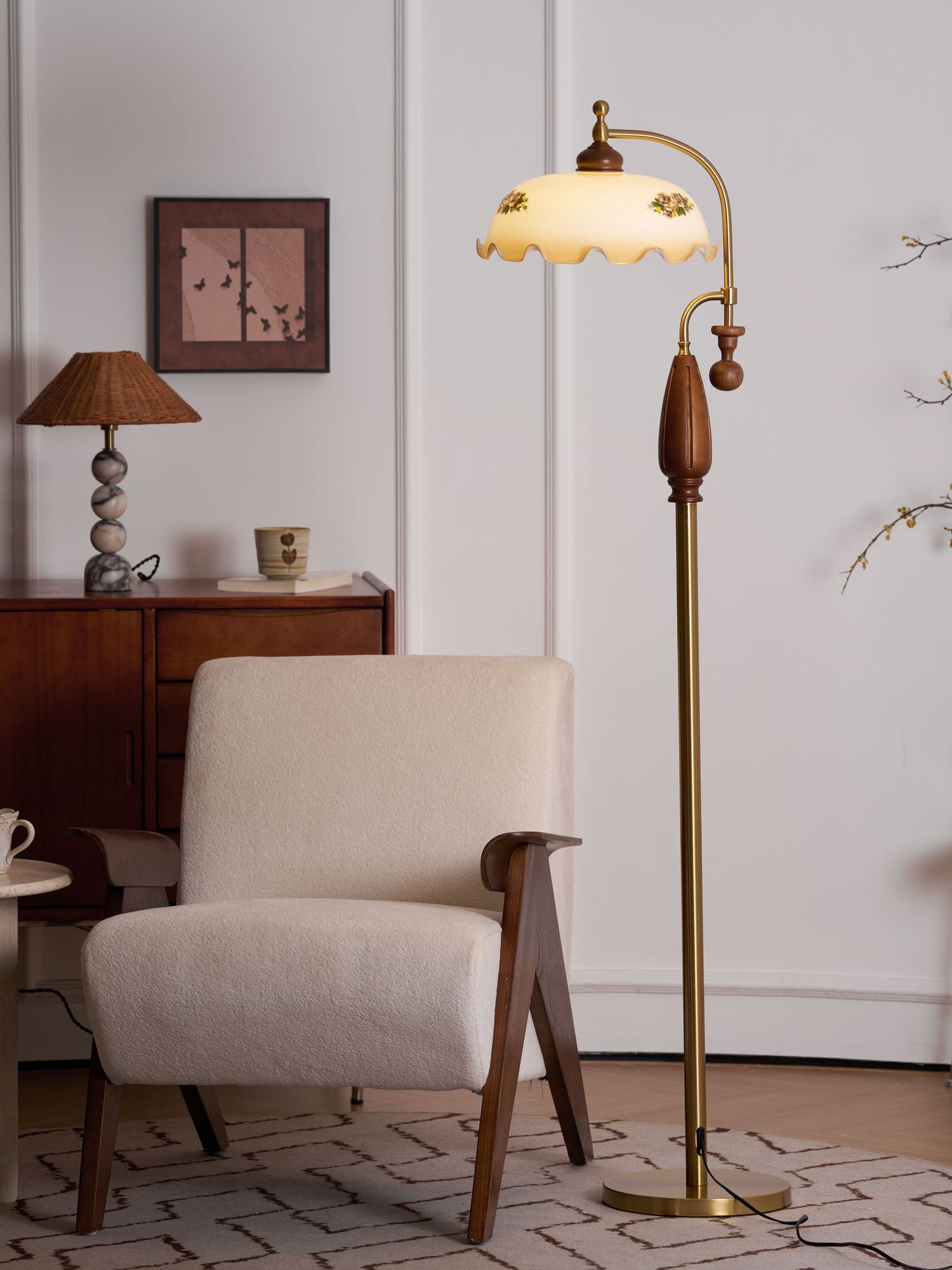 Retro Floor Lamp With Ironwork Detailing And Frosted Glass Shade