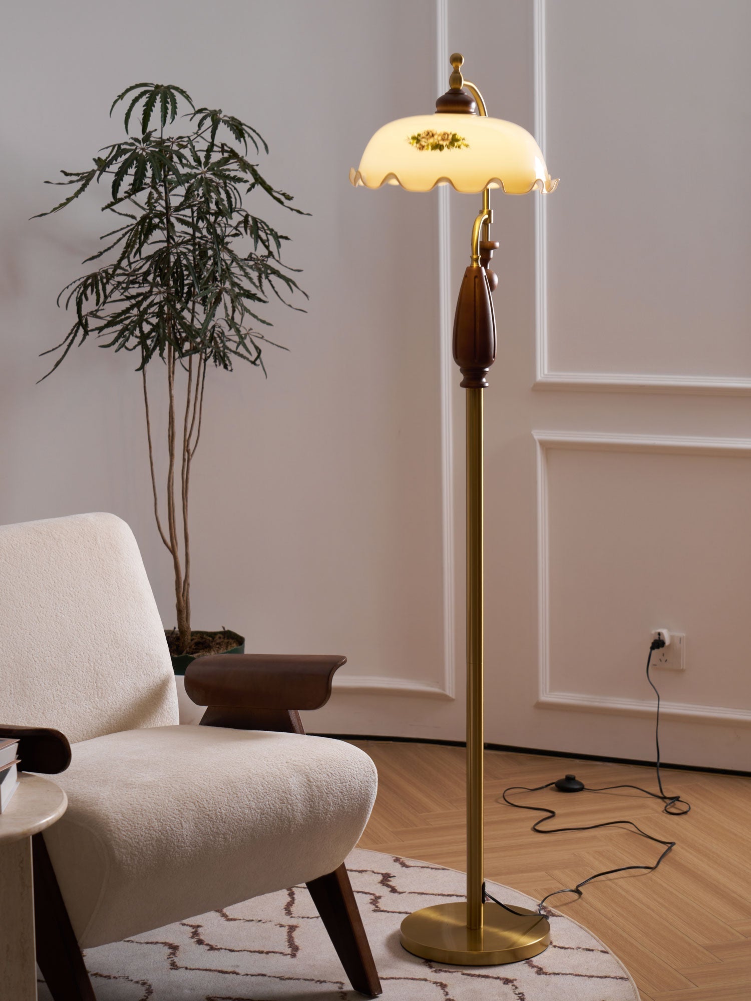 Retro Floor Lamp With Ironwork Detailing And Frosted Glass Shade