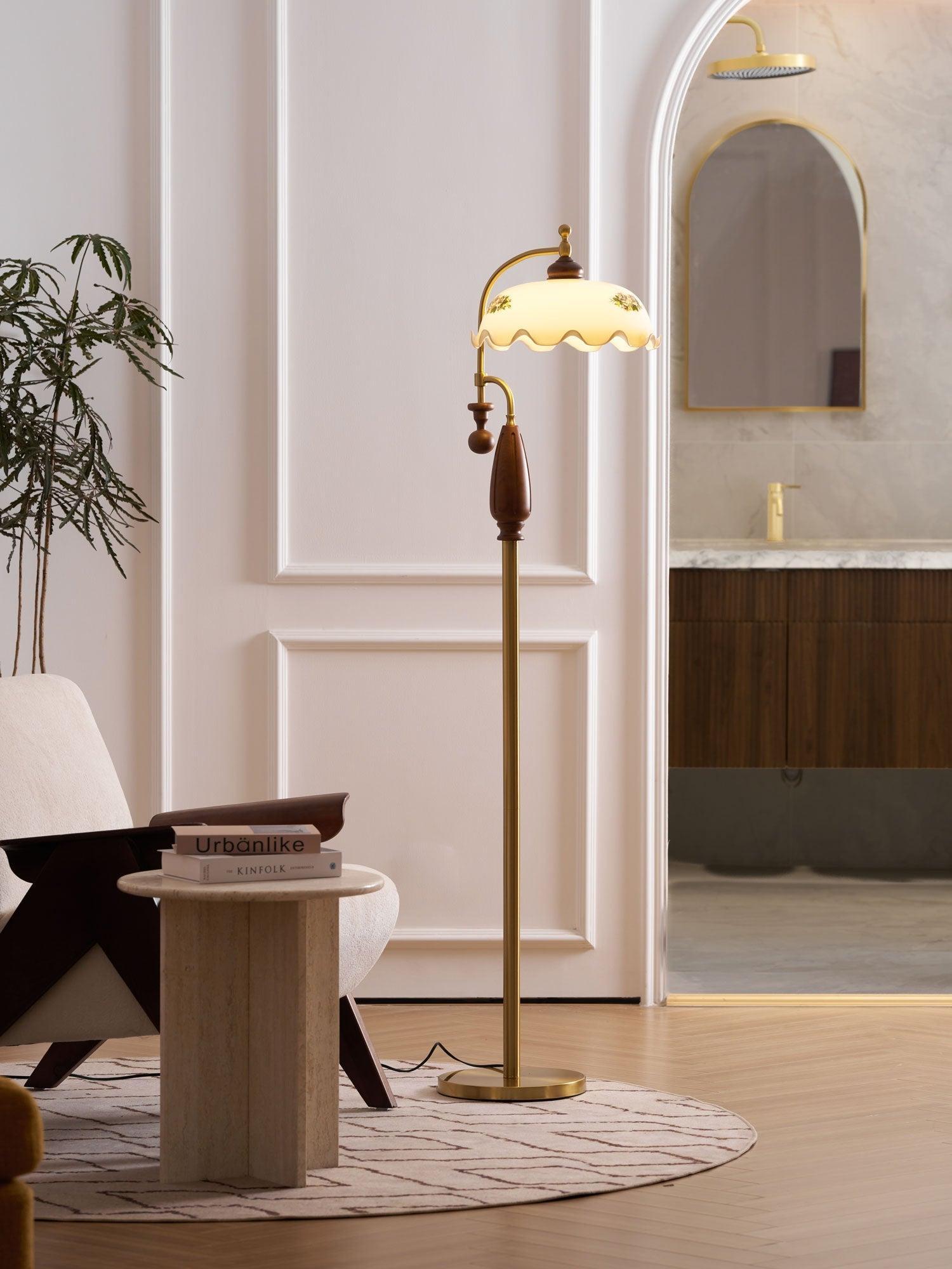Retro Floor Lamp With Ironwork Detailing And Frosted Glass Shade