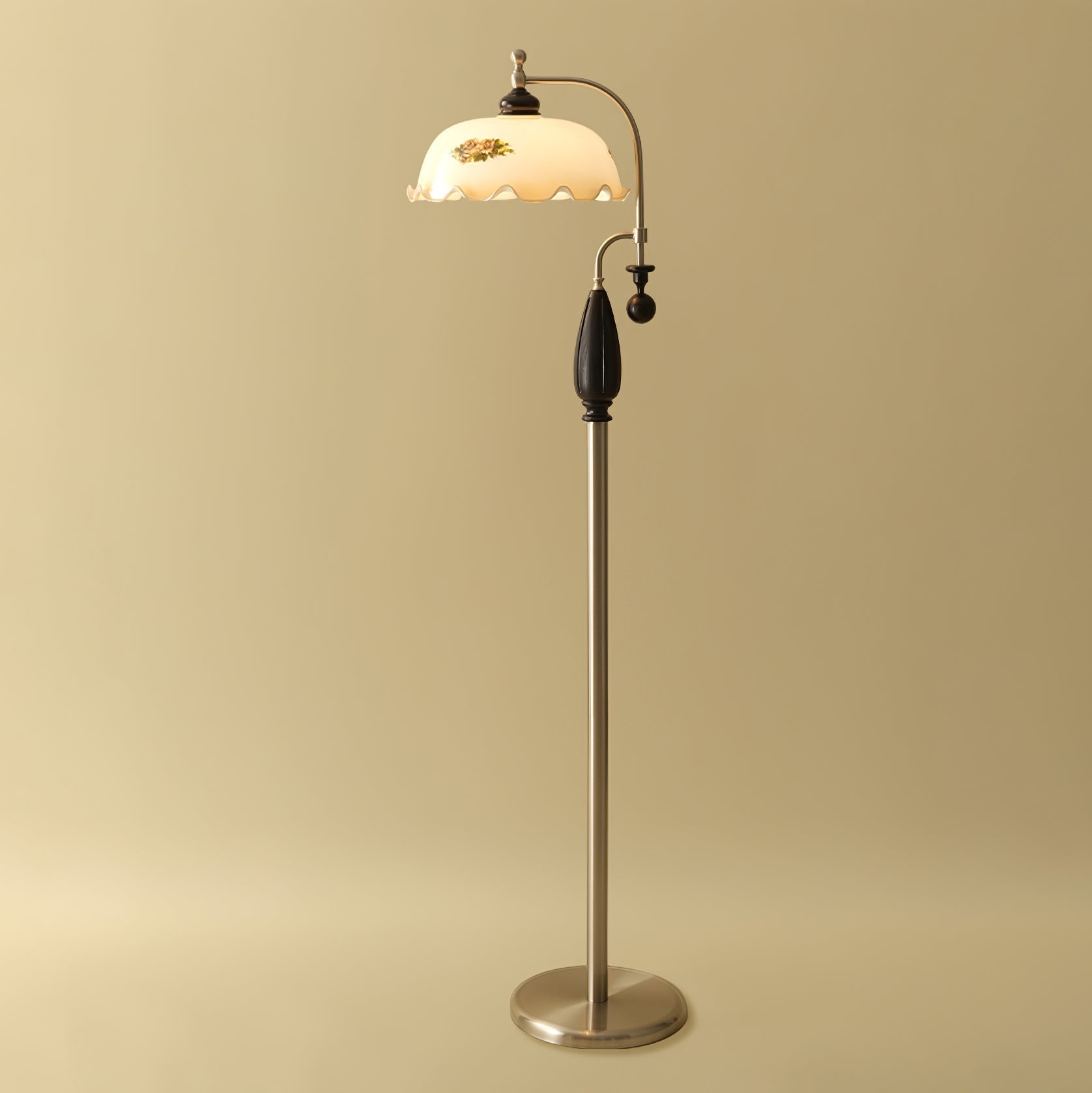 Retro Floor Lamp With Ironwork Detailing And Frosted Glass Shade