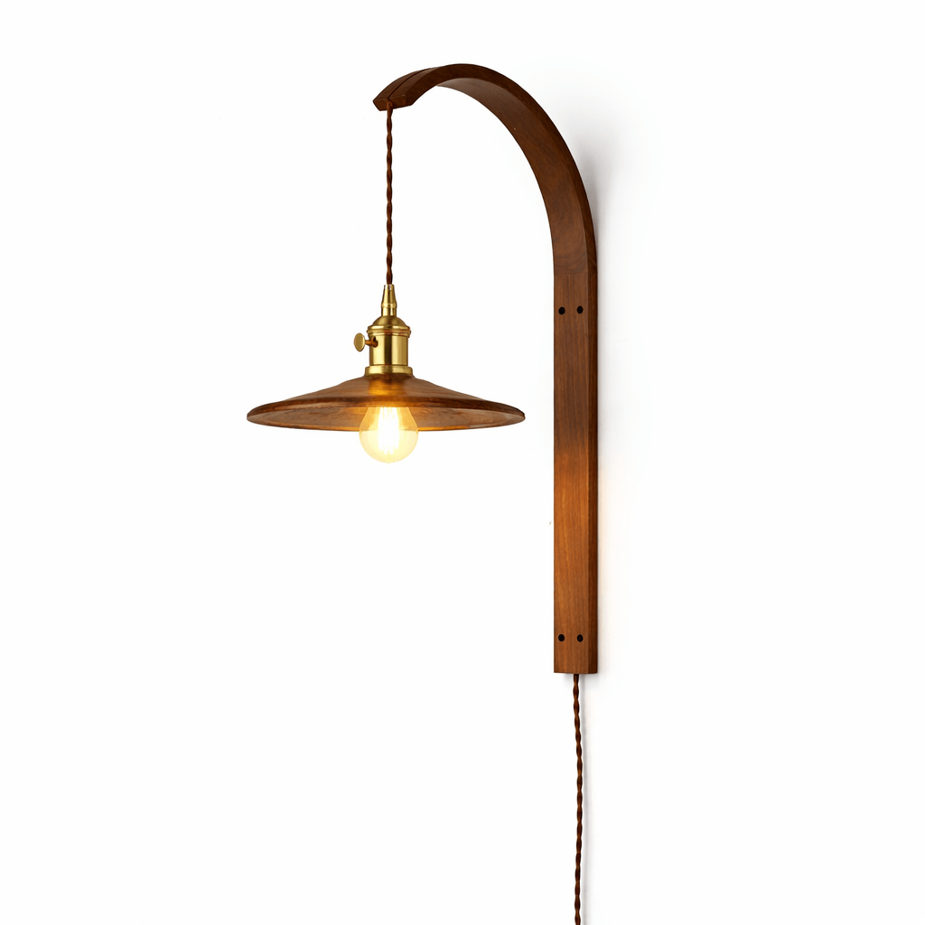 Vintage Walnut Finish Wood Wall Light Featuring Glass Shade
