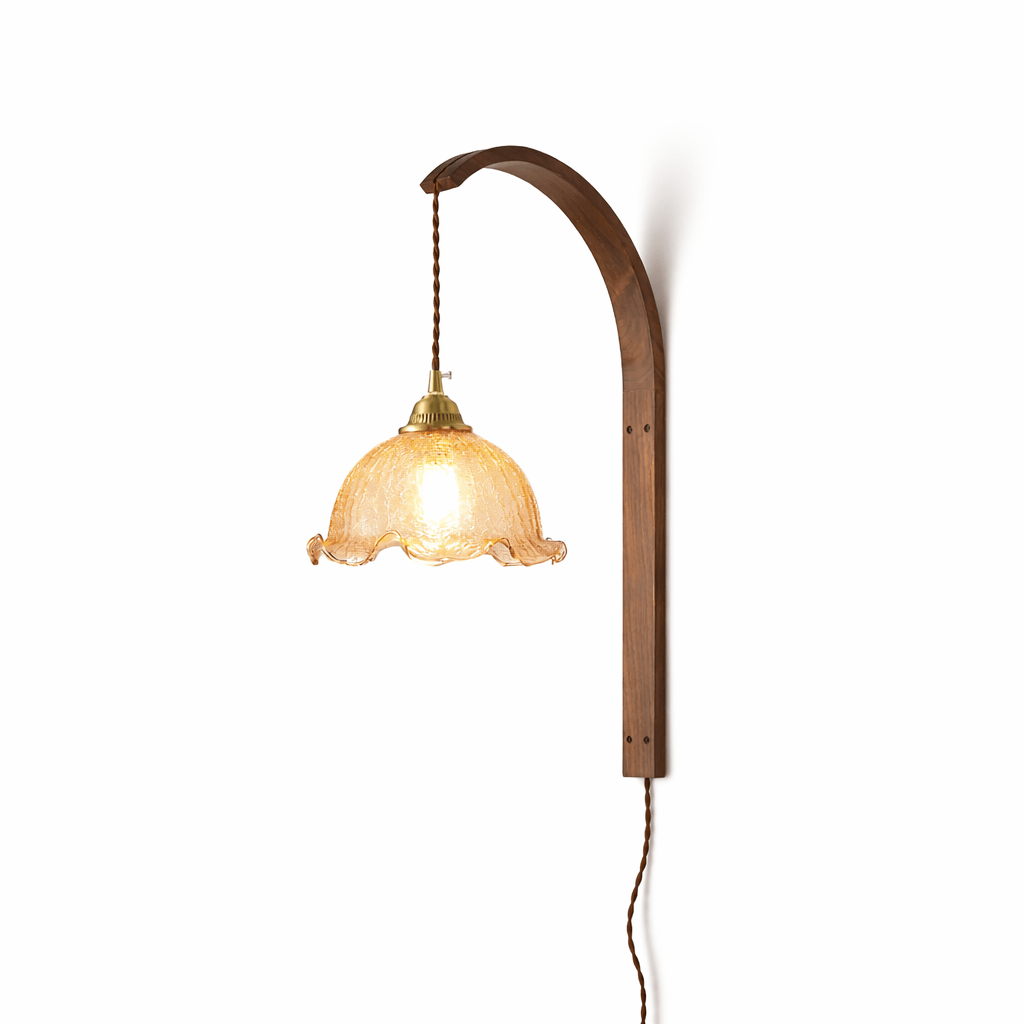 Vintage Walnut Finish Wood Wall Light Featuring Glass Shade