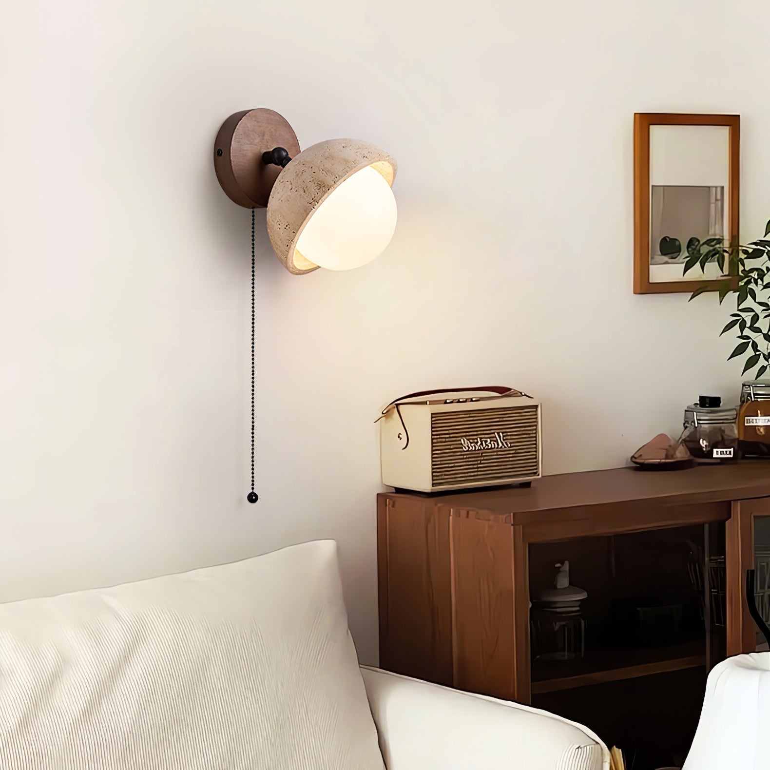 Vintage Travertine Wall Light In Yellow With Pull Chain