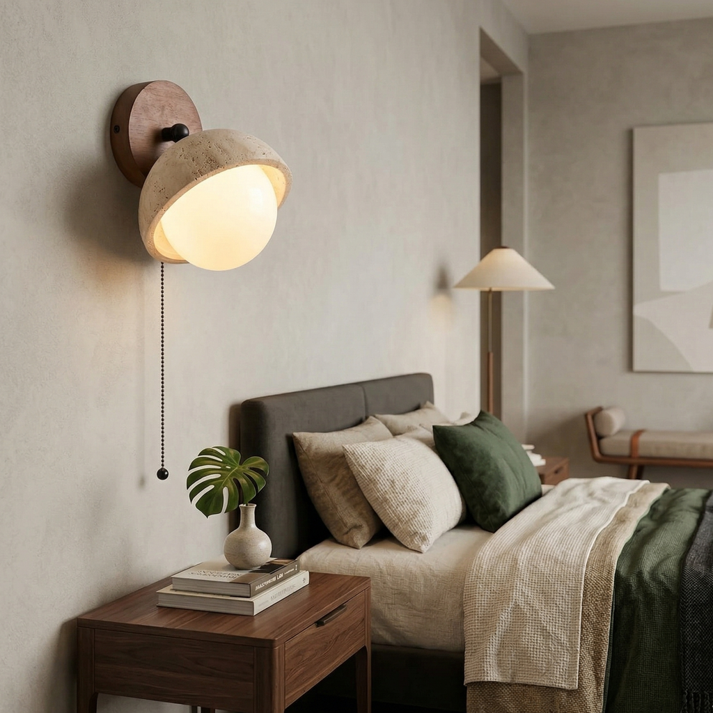 Vintage Travertine Wall Light In Yellow With Pull Chain