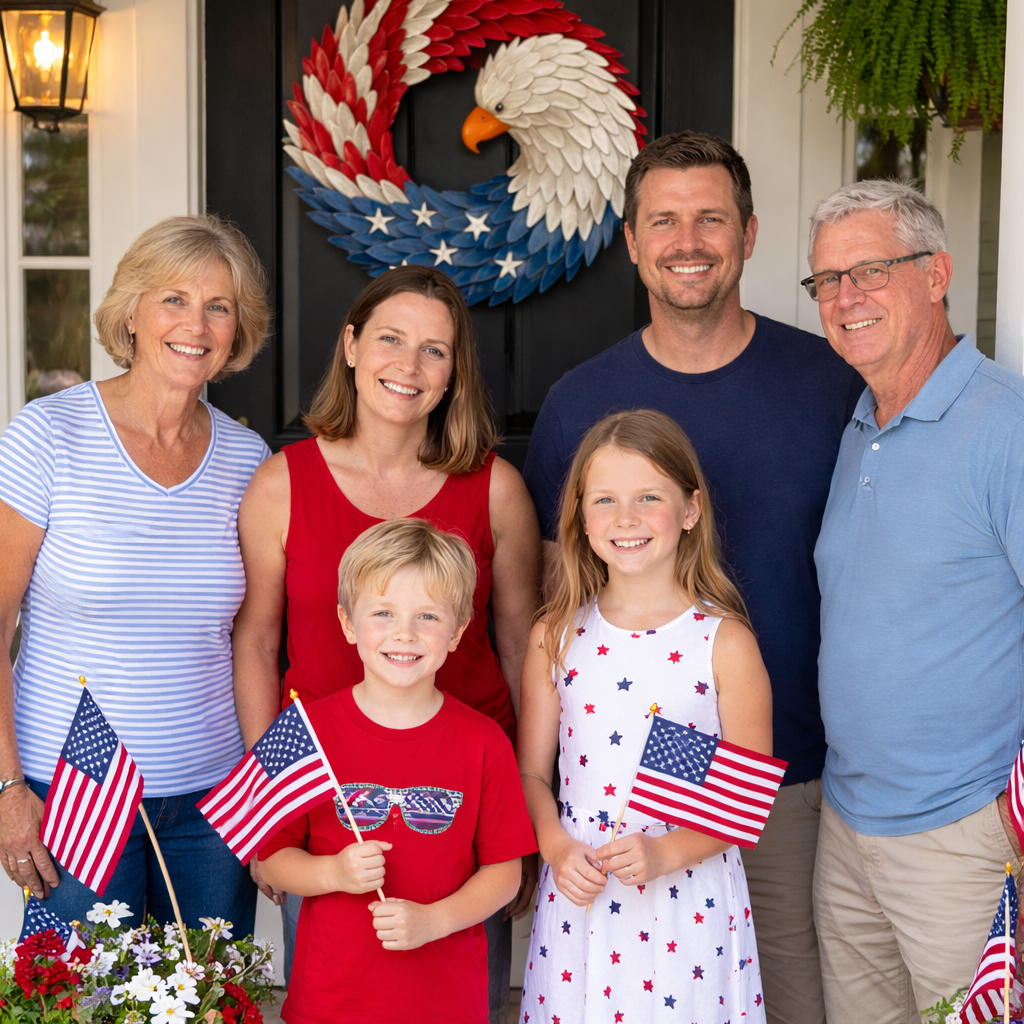 Corona de boj con águila para veteranos — follaje patriótico circular resistente a la intemperie
