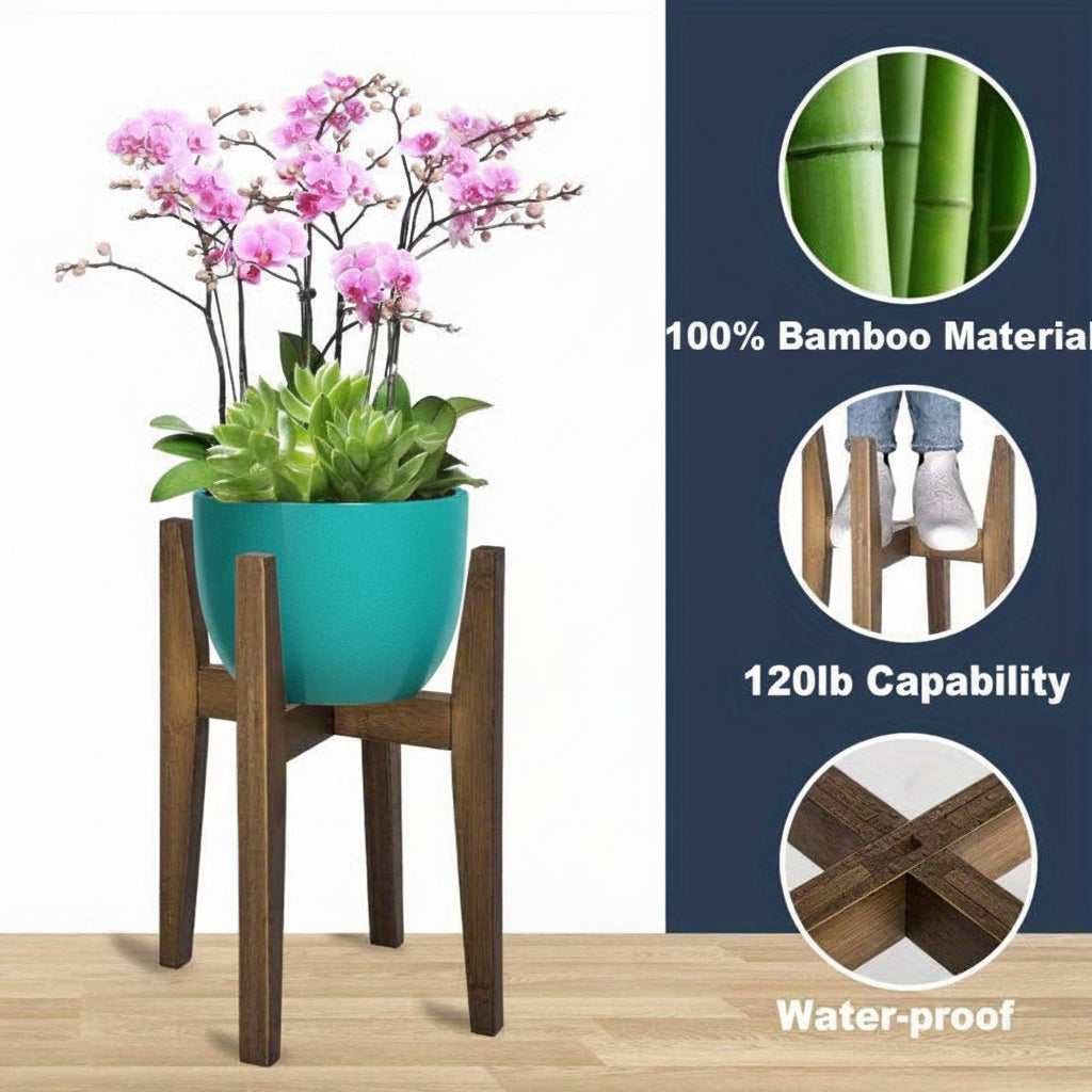 Adjustable Plant Stand — Marble Top, Bamboo-Finish Wood Frame