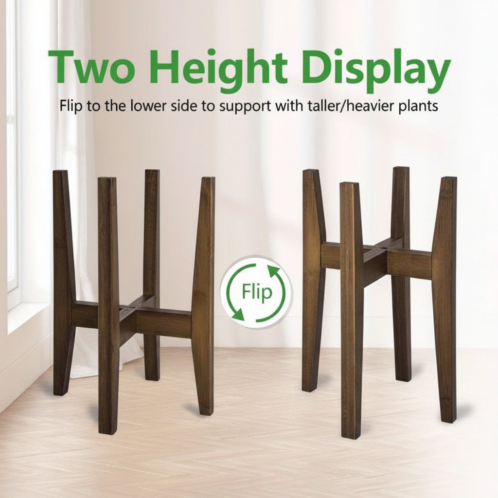 Adjustable Plant Stand — Marble Top, Bamboo-Finish Wood Frame