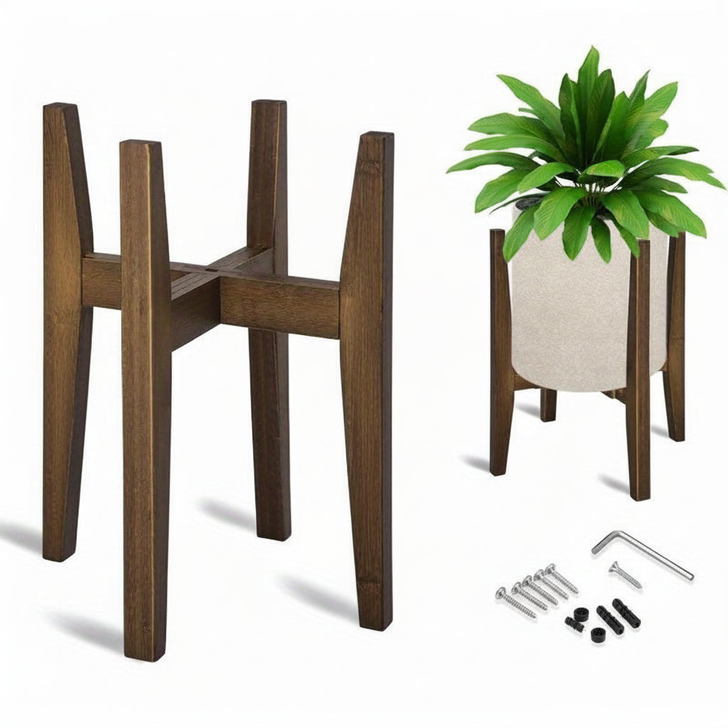 Adjustable Plant Stand — Marble Top, Bamboo-Finish Wood Frame