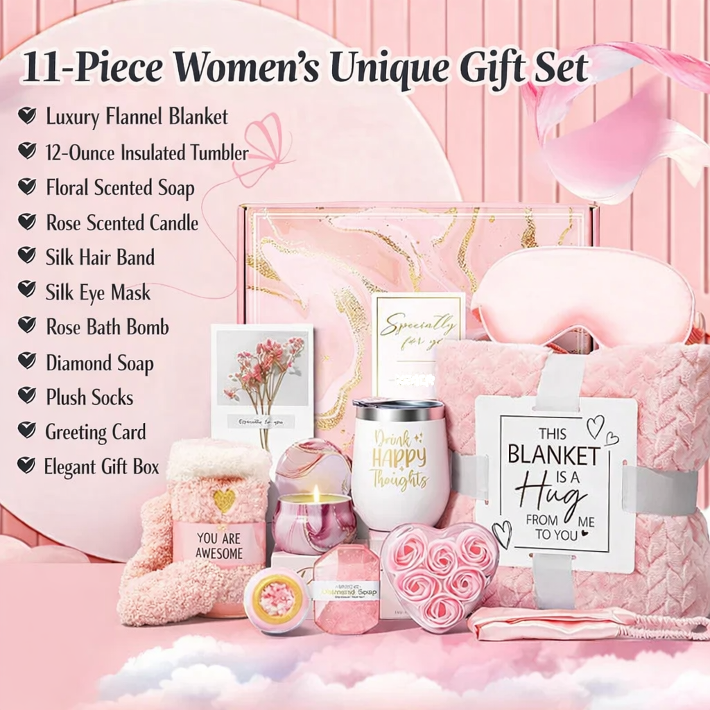 Confezione regalo spa per la cura di sé — Morbida coperta, accessori aromatici, kit di prodotti essenziali per il bagno