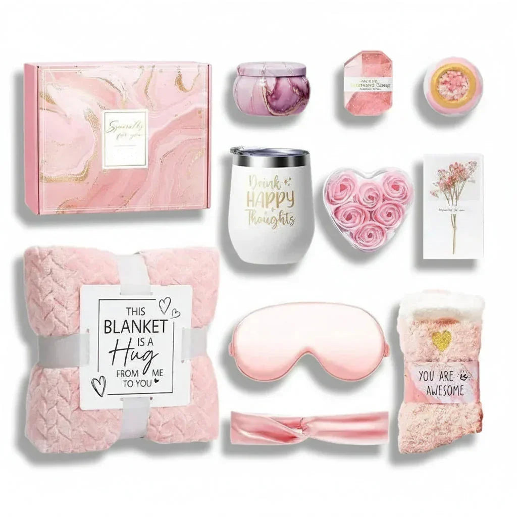 Confezione regalo spa per la cura di sé — Morbida coperta, accessori aromatici, kit di prodotti essenziali per il bagno
