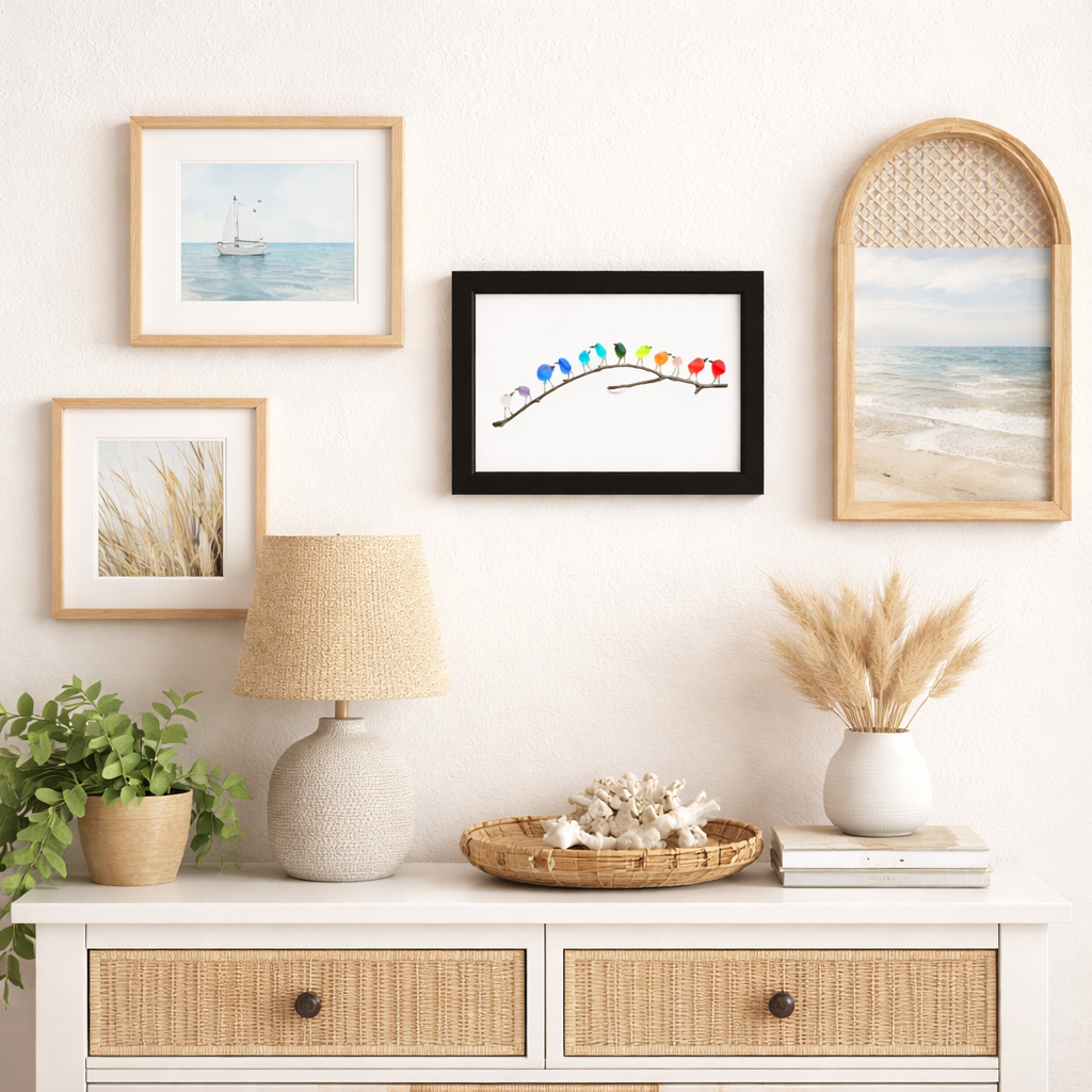 Decorazione da parete con cornice, uccello in vetro marino e legno alla deriva, stile costiero | Meowbutter