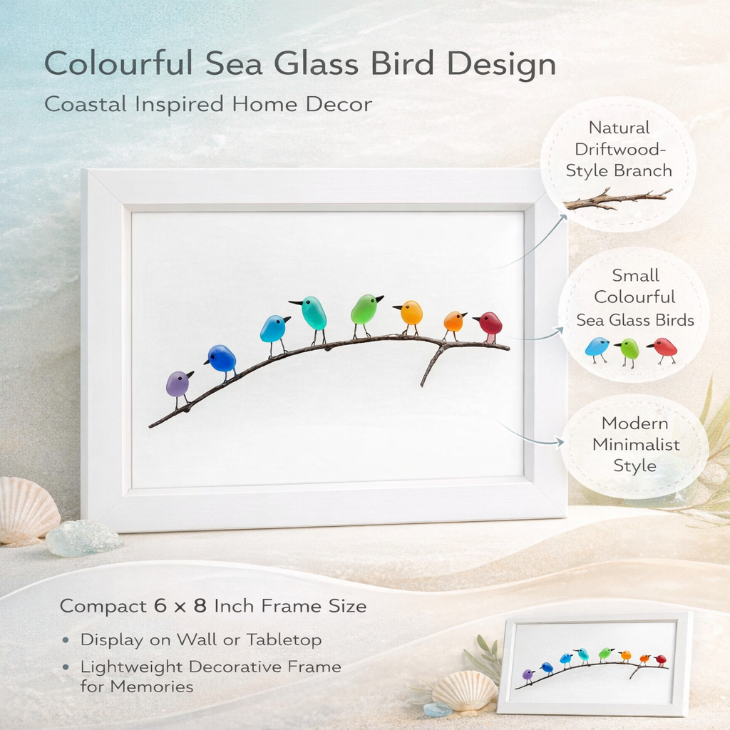 Decorazione da parete con cornice, uccello in vetro marino e legno alla deriva, stile costiero | Meowbutter