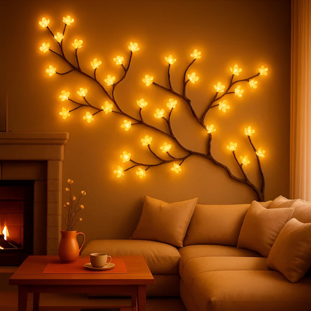 Rustik LED-vægkunst med grene — Panel med blød stemningsbelysning