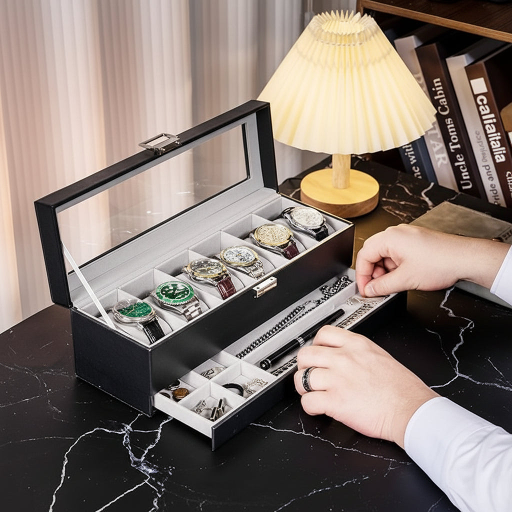 Two-Tier Watch Organizer Case — 6 Slots, Glass Lid, Pull-Out Drawer