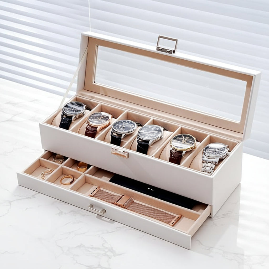 Two-Tier Watch Organizer Case — 6 Slots, Glass Lid, Pull-Out Drawer