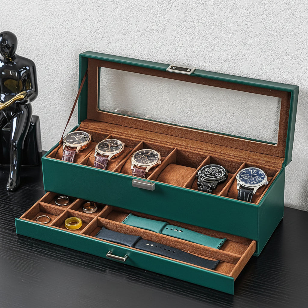 Two-Tier Watch Organizer Case — 6 Slots, Glass Lid, Pull-Out Drawer