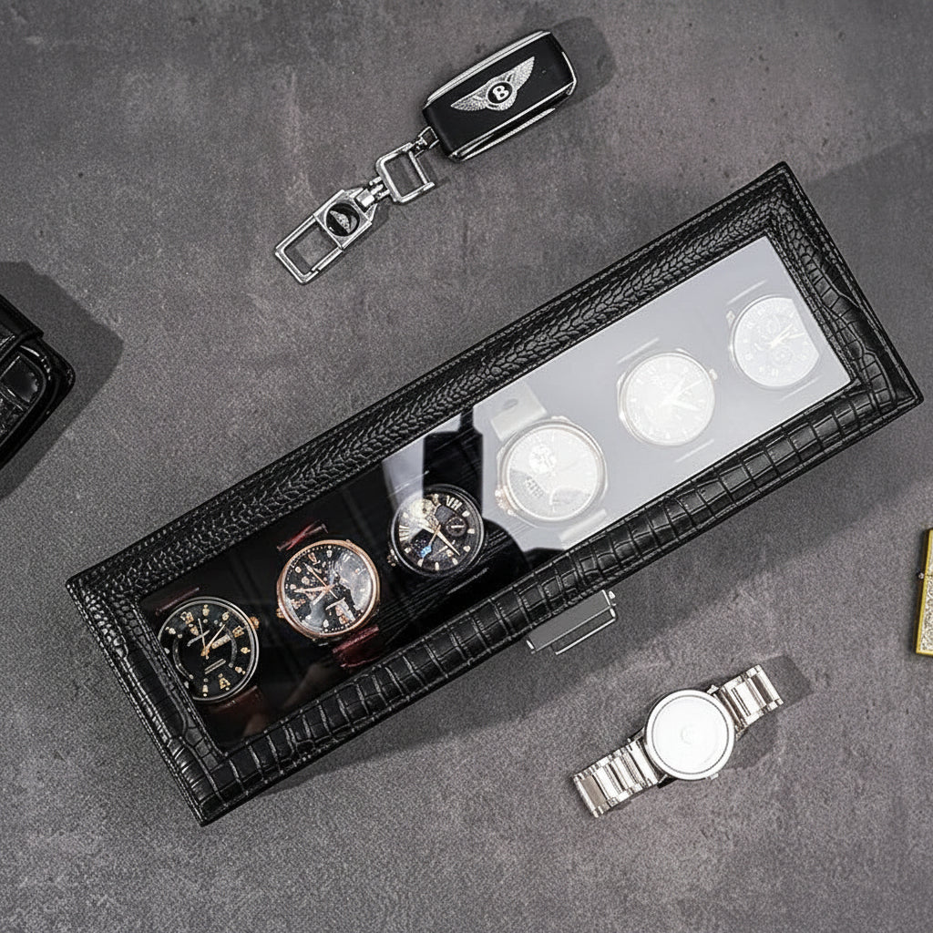 Two-Tier Watch Organizer Case — 6 Slots, Glass Lid, Pull-Out Drawer