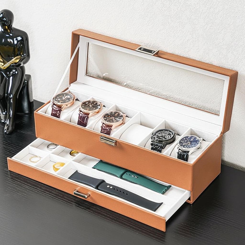 Two-Tier Watch Organizer Case — 6 Slots, Glass Lid, Pull-Out Drawer