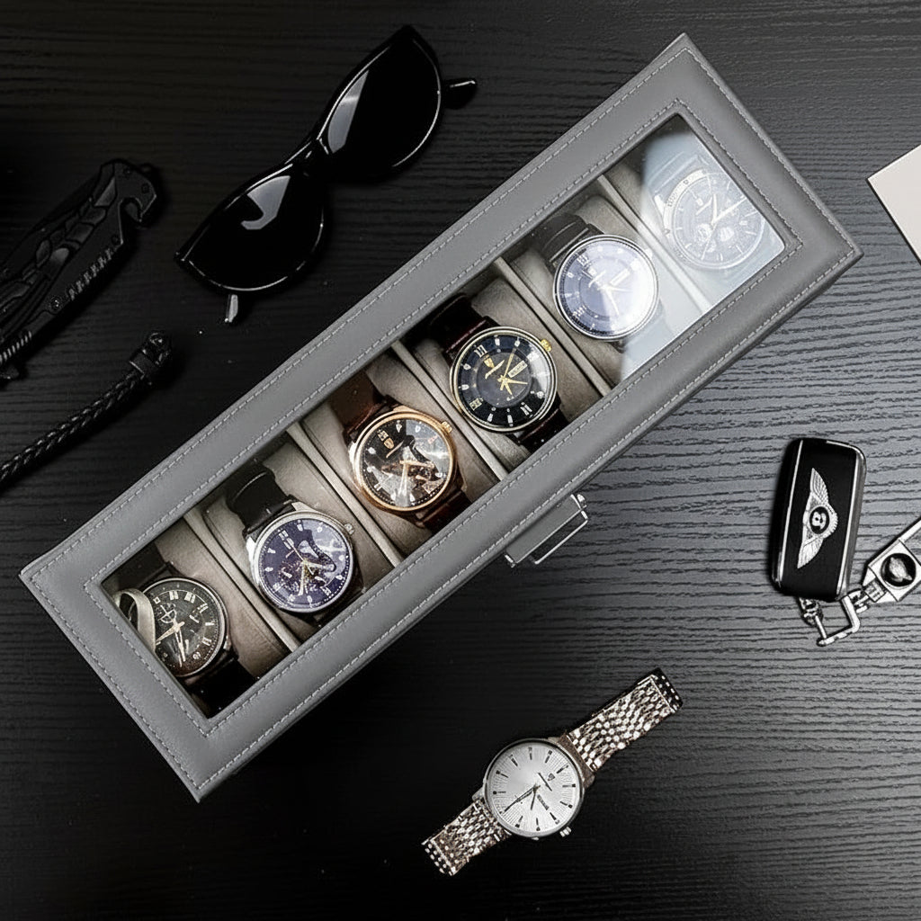 Two-Tier Watch Organizer Case — 6 Slots, Glass Lid, Pull-Out Drawer