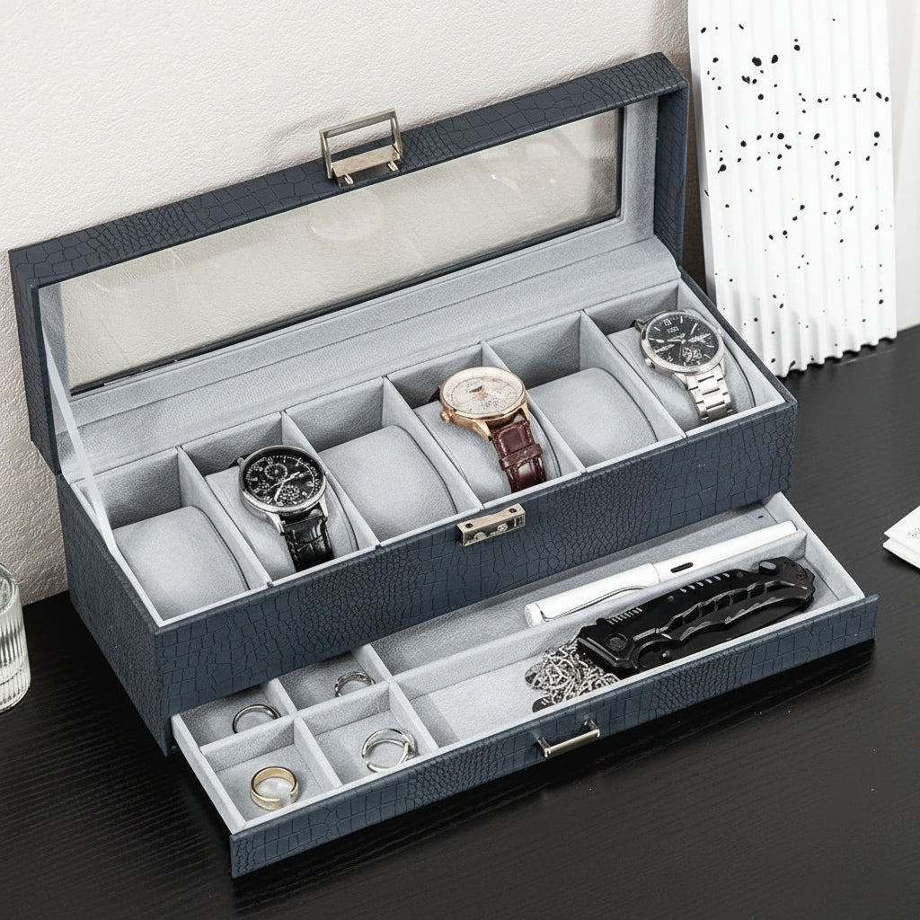 Two-Tier Watch Organizer Case — 6 Slots, Glass Lid, Pull-Out Drawer