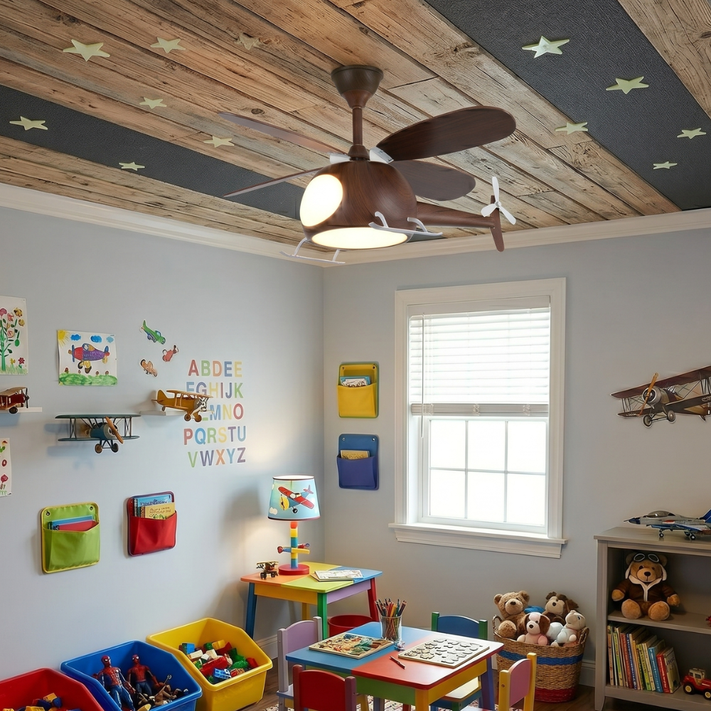 Dimmable Ceiling Light With Wooden Helicopter Theme
