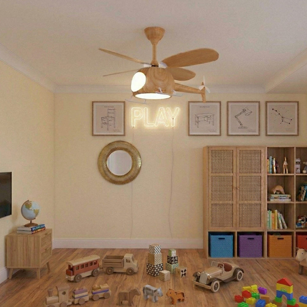 Dimmable Ceiling Light With Wooden Helicopter Theme