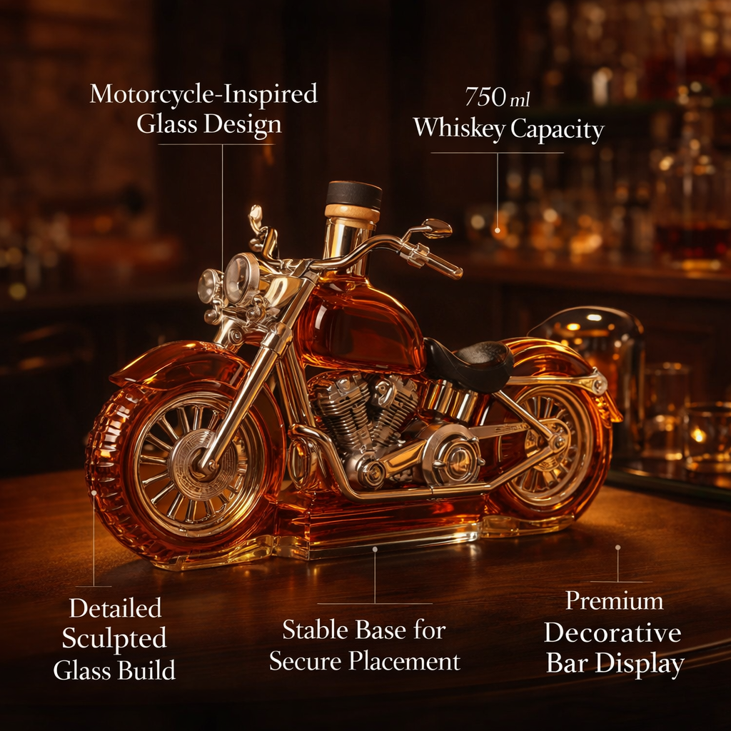 750ml Glass Whiskey Decanter — Classic Motorcycle Silhouette Design