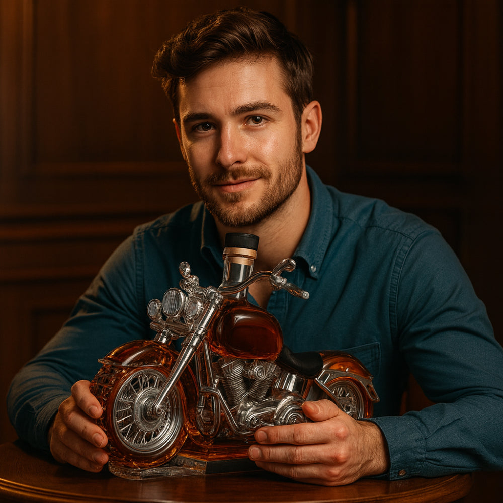 750ml Glass Whiskey Decanter — Classic Motorcycle Silhouette Design
