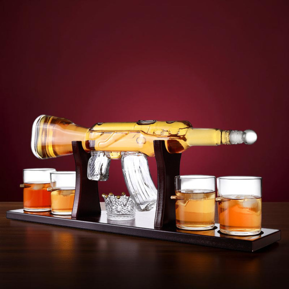 Whiskey Decanter Set Rifle Shaped Glass Bottle Stand | Meowbutter