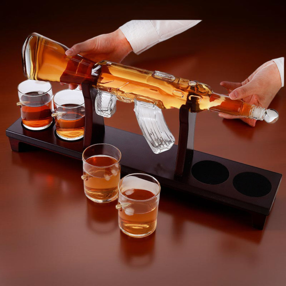 Whiskey Decanter Set Rifle Shaped Glass Bottle Stand | Meowbutter