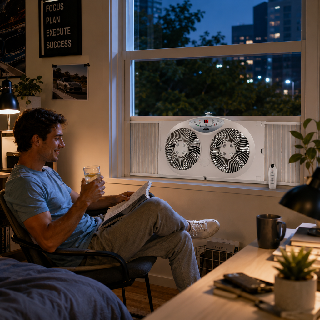 Oboustranný okenní ventilátor s dálkovým ovládáním — konstrukce se dvěma reverzibilními motory