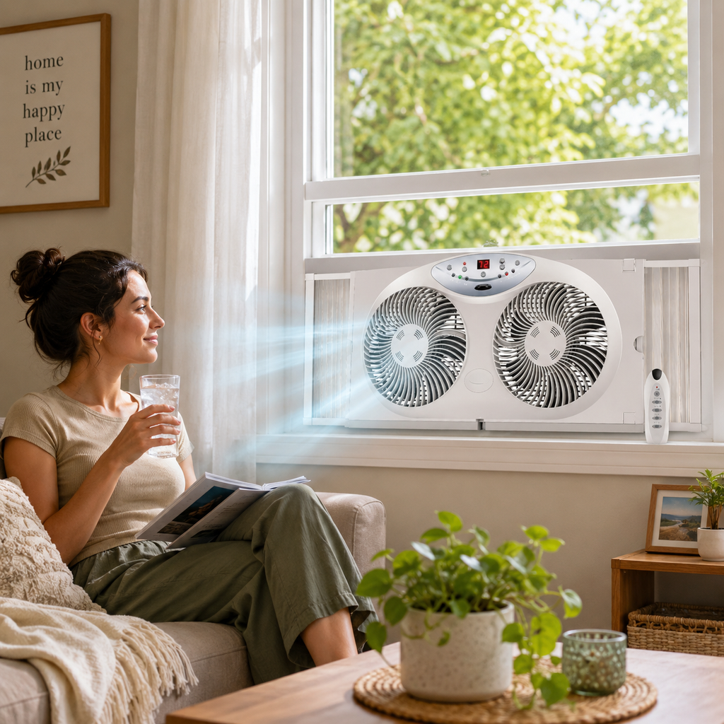 Oboustranný okenní ventilátor s dálkovým ovládáním — konstrukce se dvěma reverzibilními motory