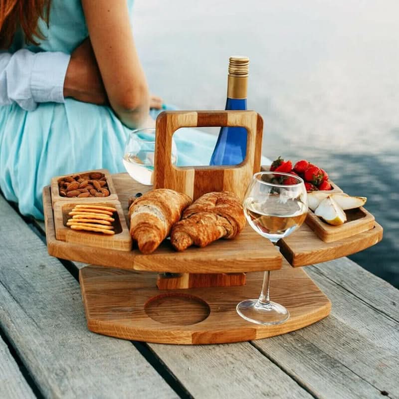 Bærbart træ-sammenklappeligt picnicbord med snackrum | meowbutter