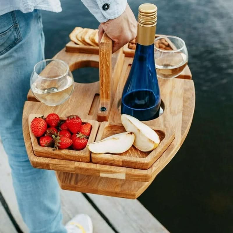 Bærbart træ-sammenklappeligt picnicbord med snackrum | meowbutter
